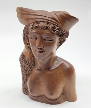 Vintage Bali Solid Carved Wooden Bust of a Young Woman Princess